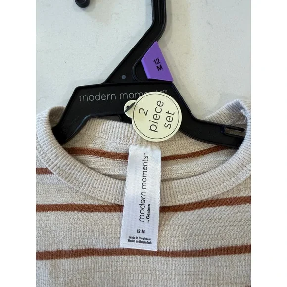 Modern Moments by Gerber Baby 12M 2-Piece Striped Pullover and Pants Set Brown - Picture 2 of 6